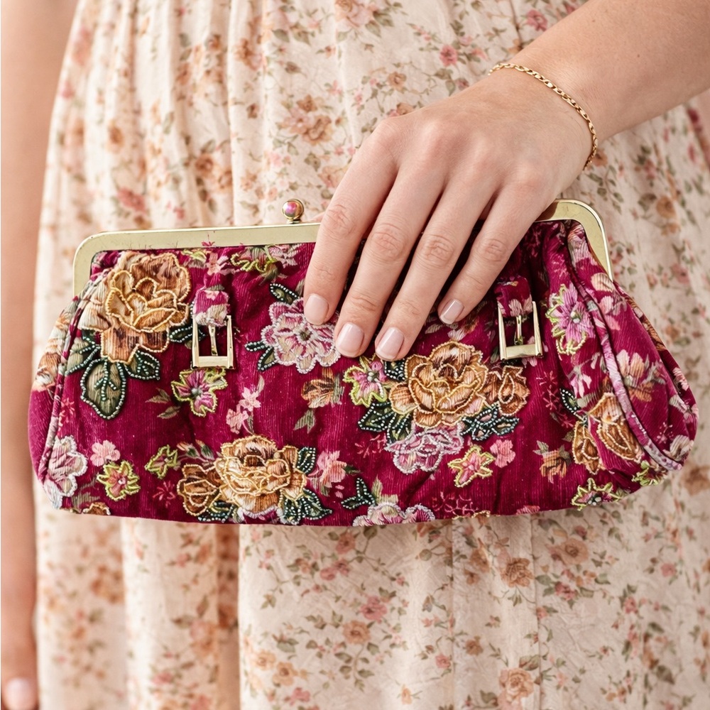 Vintage Burgundy Floral Beaded Corduroy Evening Clutch | Tori Marie | 90s Y2K